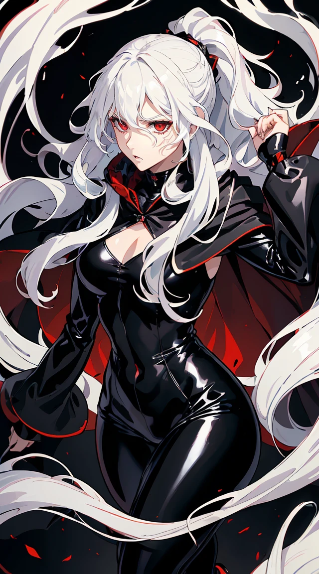 handsome older WOMAN，crimson-eyes，crimson pupils，Long white hair，Hyperresolution，accuracy，Detailed rendering，（Subtle facial image）（Image of fine hair）（topquality）（Masterpieces of masters）（High degree of completeness）（A sense of atmosphere）tmasterpiece，Super detailed and super detailed（half-body portrait), long wavy white hair, (((tHICK WAVY HAIR)))(((ANKLE LENGTH HAIR))) (((Sakimichan))) (((white hair))) (((Latex black fight outfit))) (((Hair in ponytail))) (((fierce expression))) (((skinny))) (((Latex black fight suit)))(((Black cloak)))