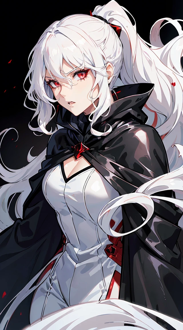 handsome older WOMAN，crimson-eyes，crimson pupils，Long white hair，Hyperresolution，accuracy，Detailed rendering，（Subtle facial image）（Image of fine hair）（topquality）（Masterpieces of masters）（High degree of completeness）（A sense of atmosphere）tmasterpiece，Super detailed and super detailed（half-body portrait), long wavy white hair, (((tHICK WAVY HAIR)))(((ANKLE LENGTH HAIR))) (((Sakimichan))) (((white hair))) (((Latex black fight outfit))) (((Hair in ponytail))) (((fierce expression))) (((skinny))) (((Latex black fight suit)))(((Black cloak)))