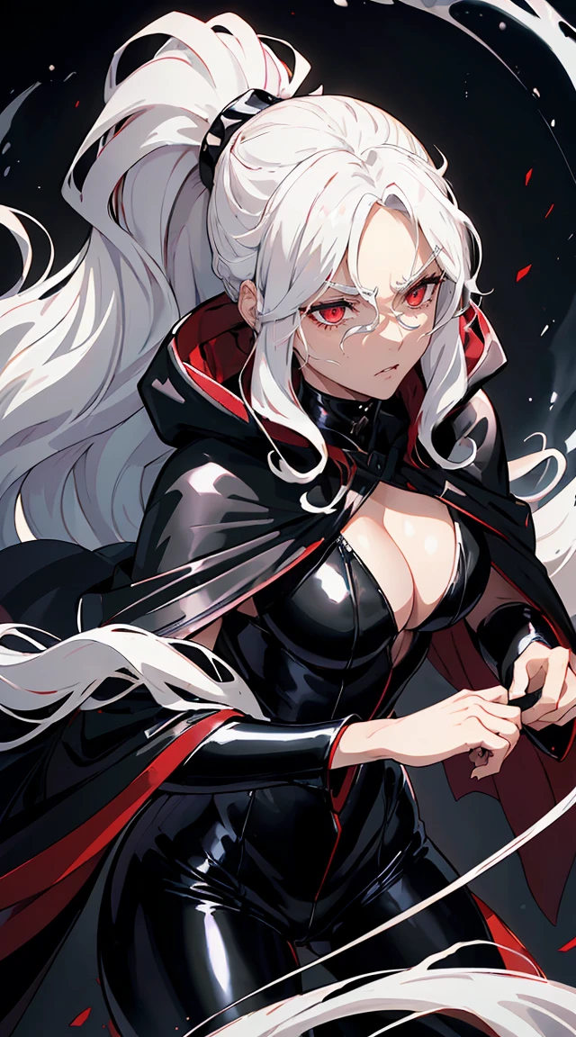handsome older WOMAN,crimson-eyes,crimson pupils,Long white hair,Hyperresolution,accuracy,Detailed rendering,(Subtle facial image)(Image of fine hair)(topquality)(Masterpieces of masters)(High degree of completeness)(A sense of atmosphere)tmasterpiece,Super detailed and super detailed(half-body portrait), long wavy white hair, (((tHICK WAVY HAIR)))(((ANKLE LENGTH HAIR))) (((Sakimichan))) (((white hair))) (((Latex black fight outfit))) (((Hair in ponytail))) (((fierce expression))) (((skinny))) (((Latex black fight suit)))(((Black cloak)))