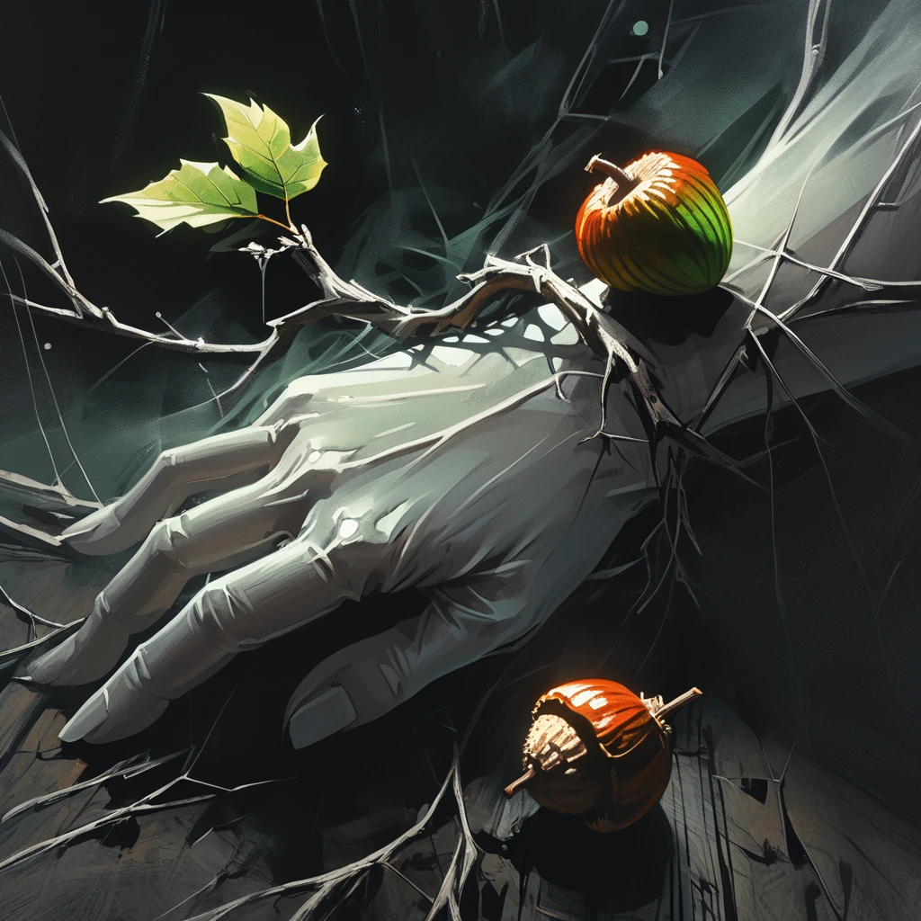 girl hand, old dead doom, branch with one green leaf and one acorn close-up,  graphic style of novel comics,dark novel style, comic, 2d, 8k, hyperrealism, masterpiece, high resolution, best quality, ultra-detailed, super realistic, Hyperrealistic art, high-quality, ultra high res, highest detailed, lot of details, Extremely high-resolution details, incredibly lifelike, colourful, soft cinematic light,