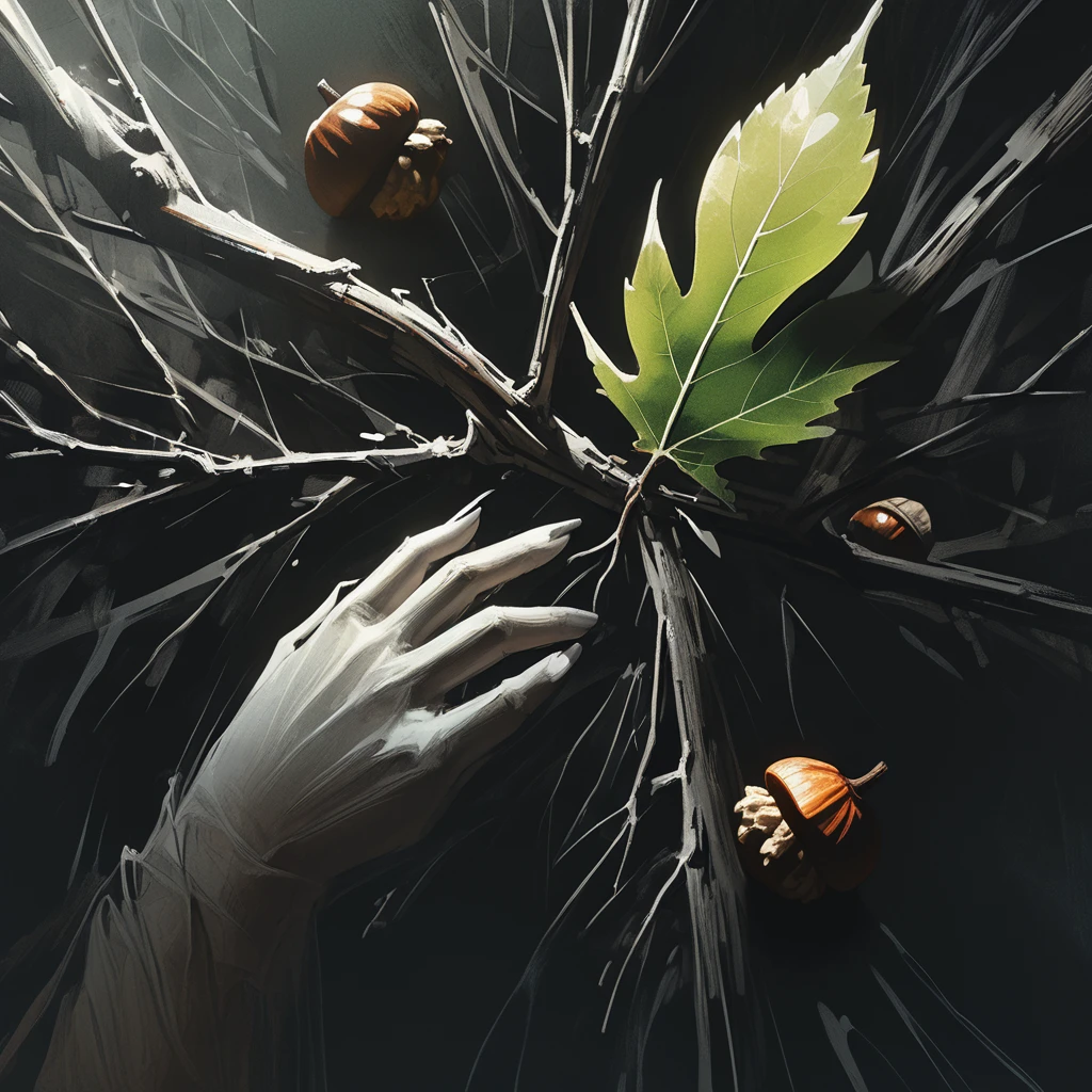 girl hand, old dead doom, branch with one green leaf and one acorn close-up,  graphic style of novel comics,dark novel style, comic, 2d, 8k, hyperrealism, masterpiece, high resolution, best quality, ultra-detailed, super realistic, Hyperrealistic art, high-quality, ultra high res, highest detailed, lot of details, Extremely high-resolution details, incredibly lifelike, colourful, soft cinematic light,
