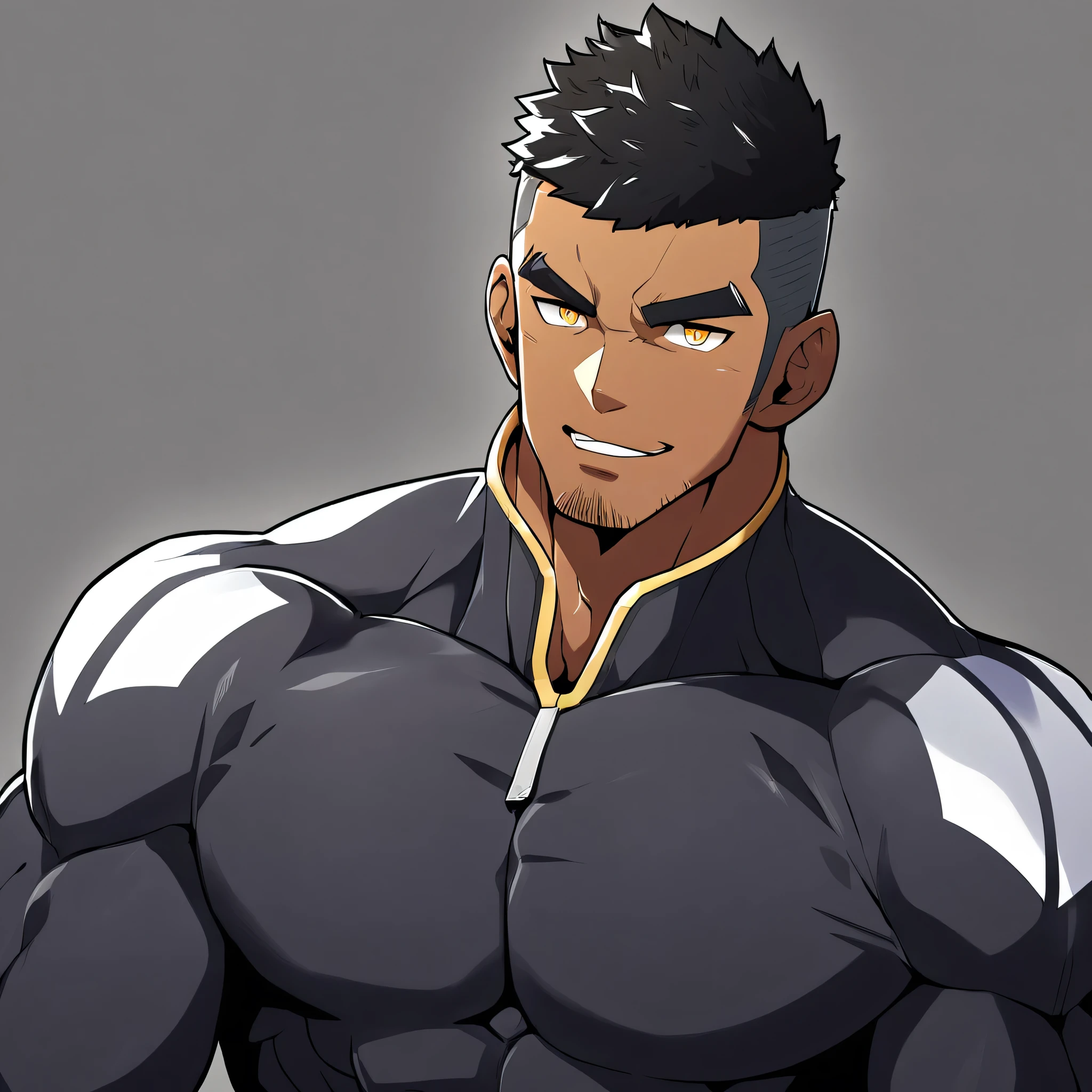 anime characters：Gyee, Muscle Sports Student, ????? black skin, 1 dark skin muscular tough guy, Manliness, male focus, Dark grey high collar long sleeve wetsuit, Matte texture, Very tight, Round, full and perky chest muscles, Slightly transparent, muscular male, muscular, only, Upper body, alone, Black short hair, Thick eyebrows, stubble, Yellow eyes, Grey background, simple background, amazing quality, best aesthetics, Ridiculous, bright pupils, crew cut, parted lips, seductive smile, torogao, naughty face,  best quality