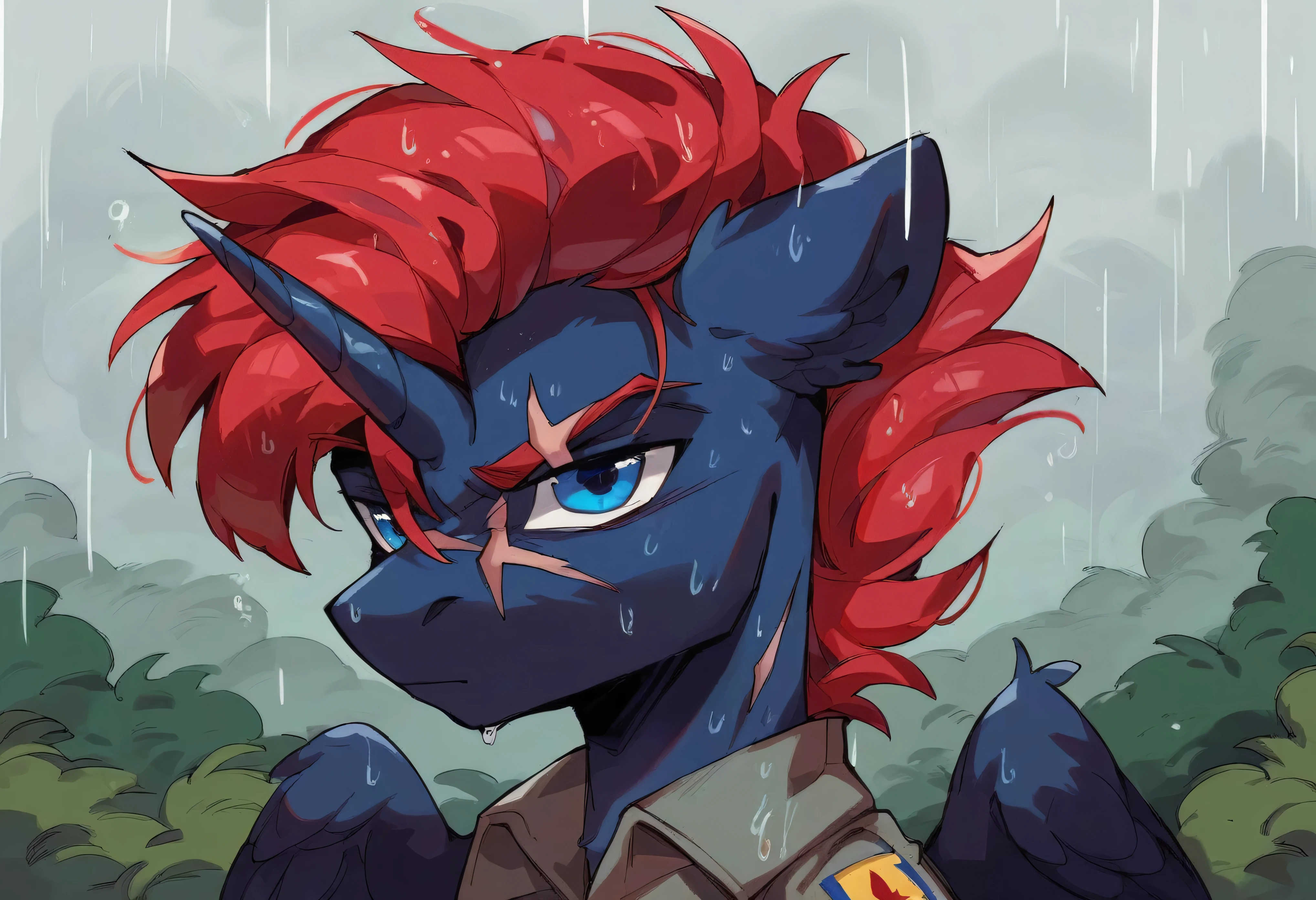 Male alicorn pony, black fur, long red hair, deep blue eyes, red feathers on wings, scar over left eye, red striping, vietnam-era helicopter pilot uniform, boonie hat, in a swamp, explosion in background, raining, wet hair, thousand-yard stare, close-up portrait