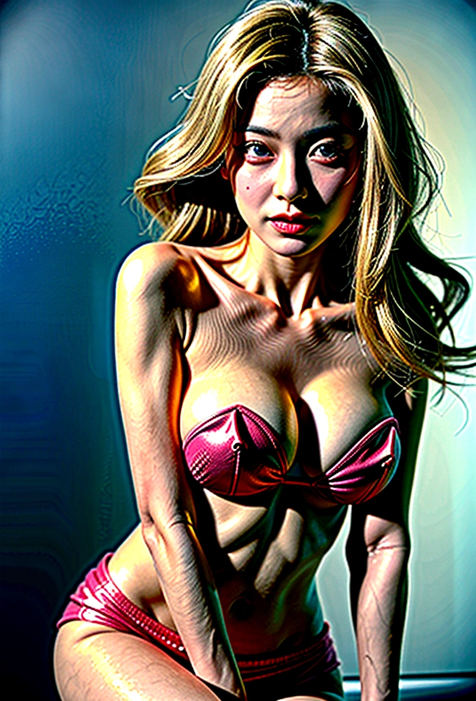Highest quality, Ultra-high resolution, (Photorealistic: 1.4), (Urzan-6500-v1.1: 1.0), ((Highest quality、In 8K、masterpiece:1.3)、Sharp focus:1.2、Beautiful woman with perfect style:1.4、Iris, 30 years old, Beautiful woman, actress, Short Hair, maikurobiki, String, Browsing Caution, (Recall:1.2), whole body, (Blonde:1.2)、(Flat Chest:1.5)、Highly detailed face and skin texture、Detailed eyes、double eyelid、Realistic、Realistic Skin、Realistic texture、From below, Dynamic Angle, Cowboy Shot, Hip Focus,