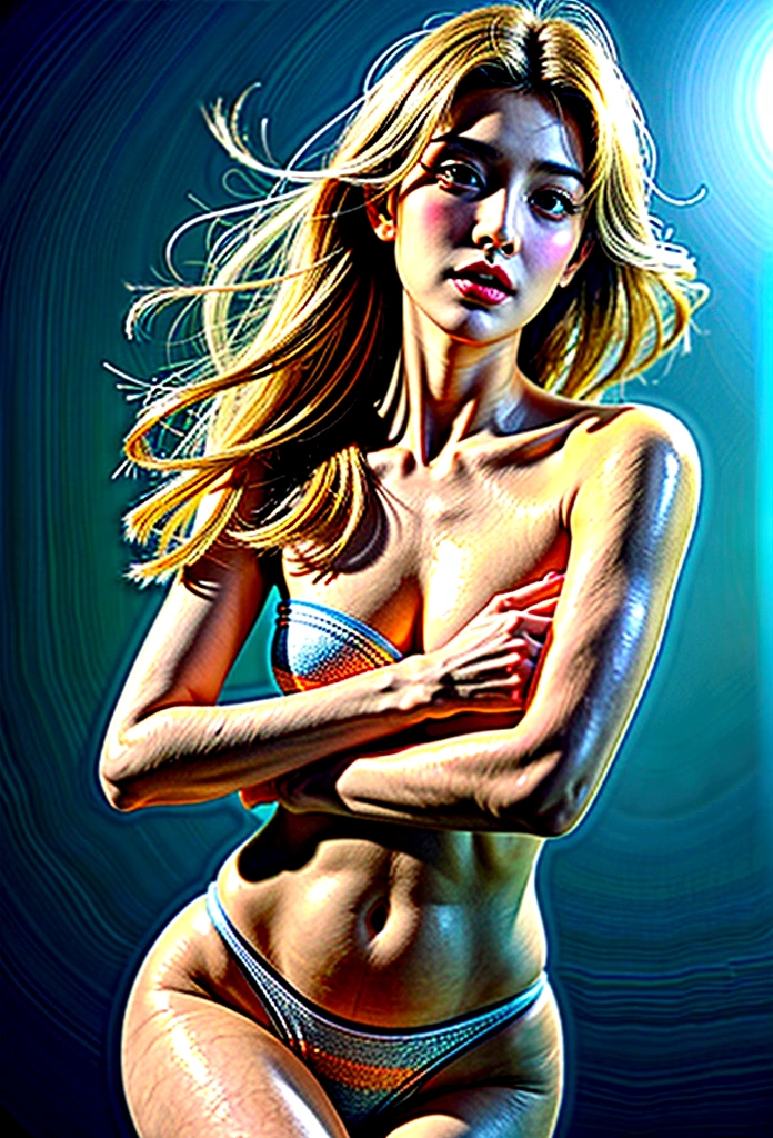 Highest quality, Ultra-high resolution, (Photorealistic: 1.4), (Urzan-6500-v1.1: 1.0), ((Highest quality、In 8K、masterpiece:1.3)、Sharp focus:1.2、Beautiful woman with perfect style:1.4、Iris, 30 years old, Beautiful woman, actress, Short Hair, maikurobiki, String, Browsing Caution, (Recall:1.2), whole body, (Blonde:1.2)、(Flat Chest:1.5)、Highly detailed face and skin texture、Detailed eyes、double eyelid、Realistic、Realistic Skin、Realistic texture、From below, Dynamic Angle, Cowboy Shot, Hip Focus,