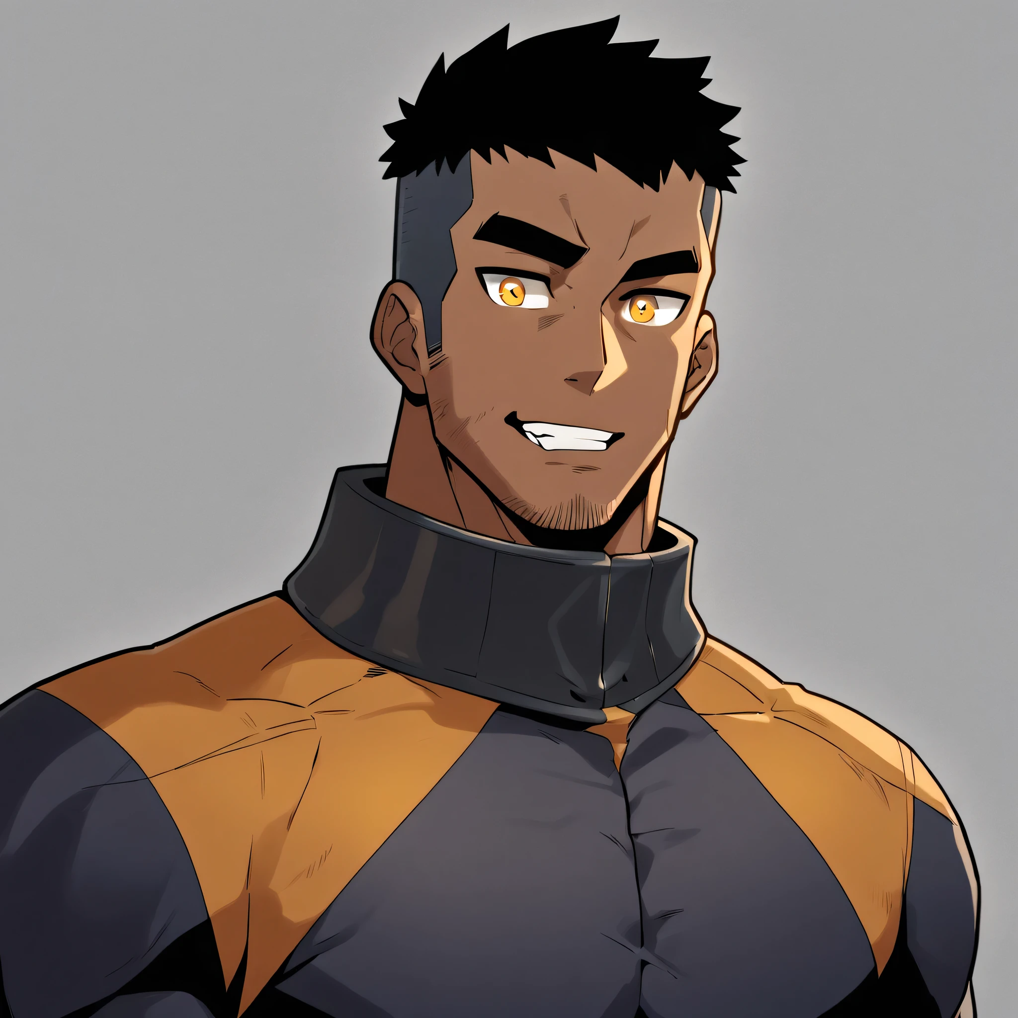 anime characters:Gyee, Muscle Sports Student, negro black skin, 1 dark skin muscular tough guy, Manliness, male focus, Dark grey high collar long sleeve wetsuit, Matte texture, Very tight, Round, full and perky chest muscles, Slightly transparent, muscular male, muscular, only, Upper body, alone, Black short hair, Thick eyebrows, stubble, Yellow eyes, Grey background, simple background, amazing quality, best aesthetics, Ridiculous, bright pupils, crew cut, parted lips, seductive smile, torogao, naughty face, best quality