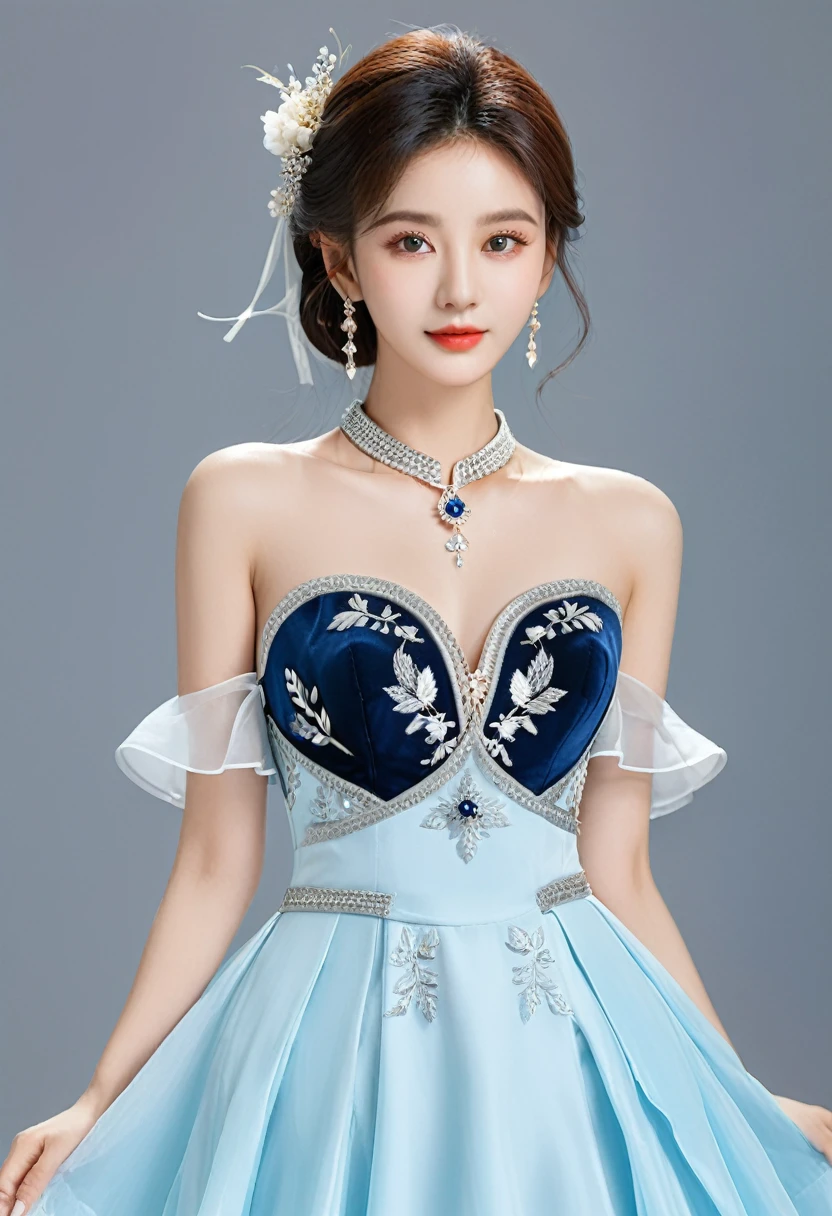 Realistic photo style, whole body 사진에 아름다운 아시아 소녀가 등장합니다., Wearing a unique ethnic style evening gown with delicate skin., bright and lively eyes, Thick eyelashes that look especially attractive. Long dresses are slim and elegant., Eye-catching silver jewelry and alcohol. The high-collar design adds an elegant atmosphere., Color of blue and white porcelain. using light and shadow, The vivid and harmonious appearance of the protagonist is highlighted... whole body, (masterpiece, best quality, professional, perfect composition, very aesthetic, absurd, very detailed, intricate details:1.3)