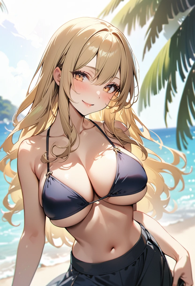 1 lady, 20 years old, blonde hair, long hair, wavy hair, light brown eyes, huge breasts,
BREAK (masterpiece), (high resolution 8K), cinematic lighting, professional lighting, detailed eyes and face, detailed body, 
BREAK　A beautiful  woman stands at the end of a wooden jetty, her gaze pensive as she looks out over the calm, azure sea. She’s wearing a sleek, navy blue bikini that contrasts elegantly with the light wood and the clear blue water. Her hands are lightly clasped in front of her, and her posture is relaxed yet composed. The camera captures her from a medium distance, allowing the length of the jetty and the vast ocean to frame her thoughtfully, emphasizing a moment of solitude and reflection