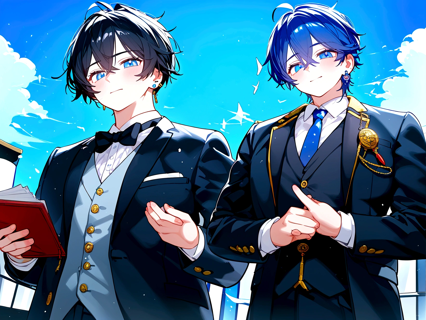 1boy, Anime figure in suit and tie standing in front of a stage, pretty anime pose, Big anime guy with blue eyes, Anime moe art style, in a strict suit, He's wearing a suit, Young Anime Man, inspired by Okumura Masanobu, inspired by Okumura Togyu, Anime handsome man, handsome guy in demon slayer art, Treble clef as earring