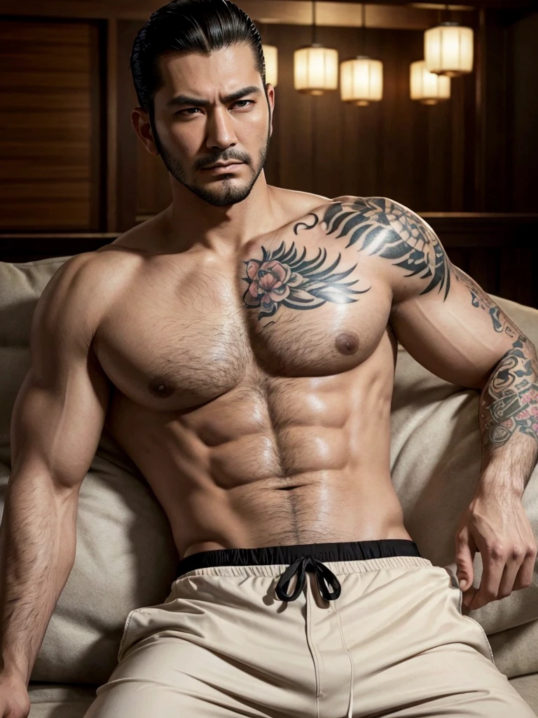 (best quality), 1boy, Male, asian, white skin, black hair, short hair, slicked back hair, brown eyes, perfect eyes, light beard, handsome, serious, yakuza, tattoo, lounge pants, wealthy, masterpiece, anatomically correct, highres