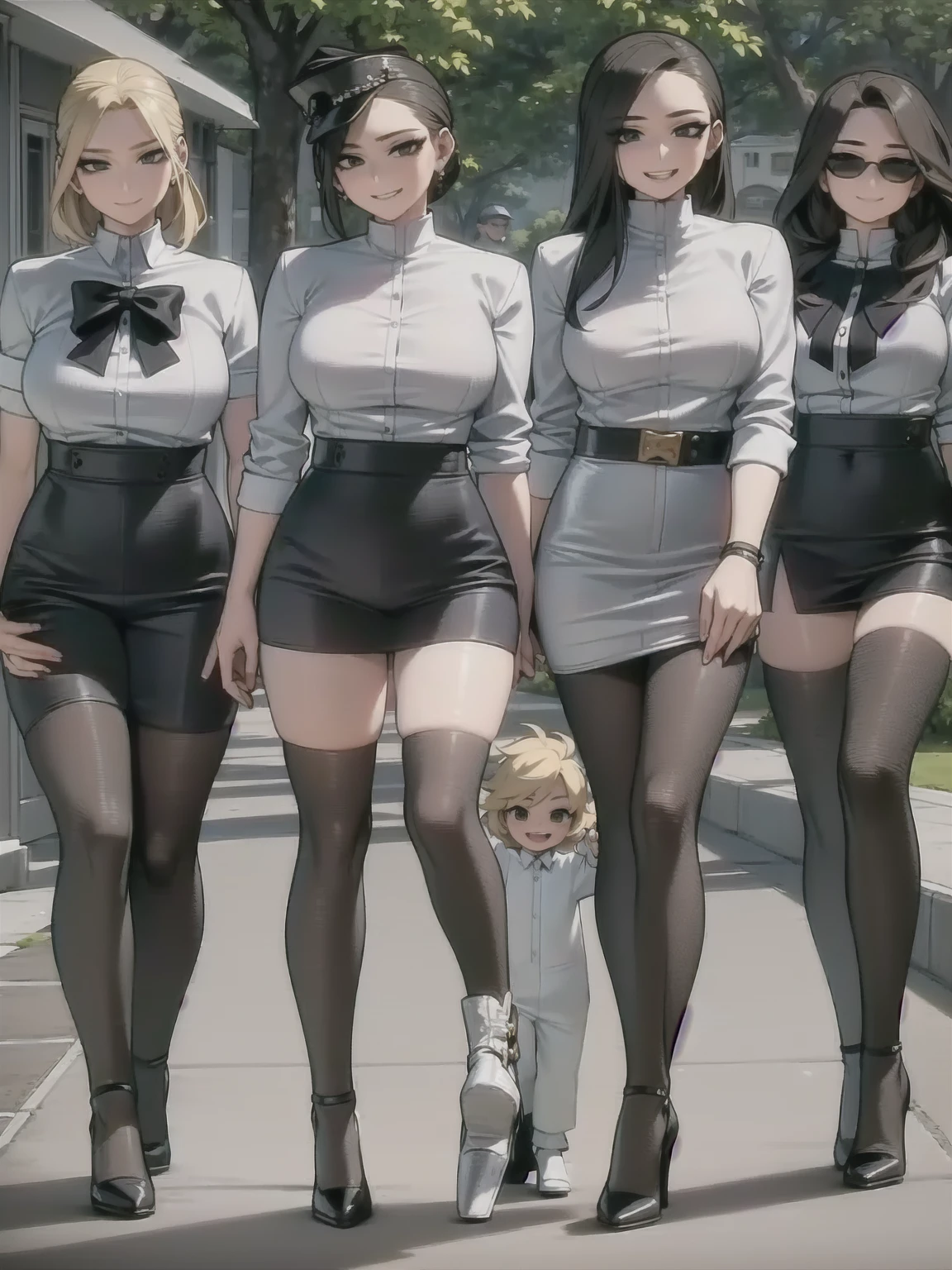 four sexy women walking and looking at 4 years old boy with blonde hair, seductive smiles, portrait, aunhats and sunglasses, various hair