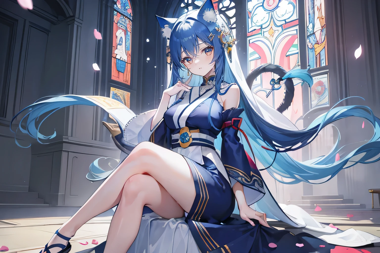 (masterpiece:1.2),Extremely detailed,Practical,expressive eyes,Fair skin,Perfect face shaping,1 Girl,
Japanese cartoons,Gorgeous blue hair, the long flowing blue hair,Floating clothes,Cat ears,Petals fall,beautiful lola,Young Angel,
Place your hands on your waist,sit elegantly on the ground,Cross your legs,Gentle and peaceful background,church,Nun's Clothes,back view,lie on the water,Large Breasts, H Cup, Good breasts, Place your hands on your waist,beautiful, Gorgeous,Japanese cartoons,girl,Lola,Hina Angel, Blue Hair, Blue Haired,Tent breasts, tent box, tent chest, Floating clothes,Grab your waist, Grab your waist, Hands on Hips , hands on hips,sit, sit on ground, Legs on the ground.