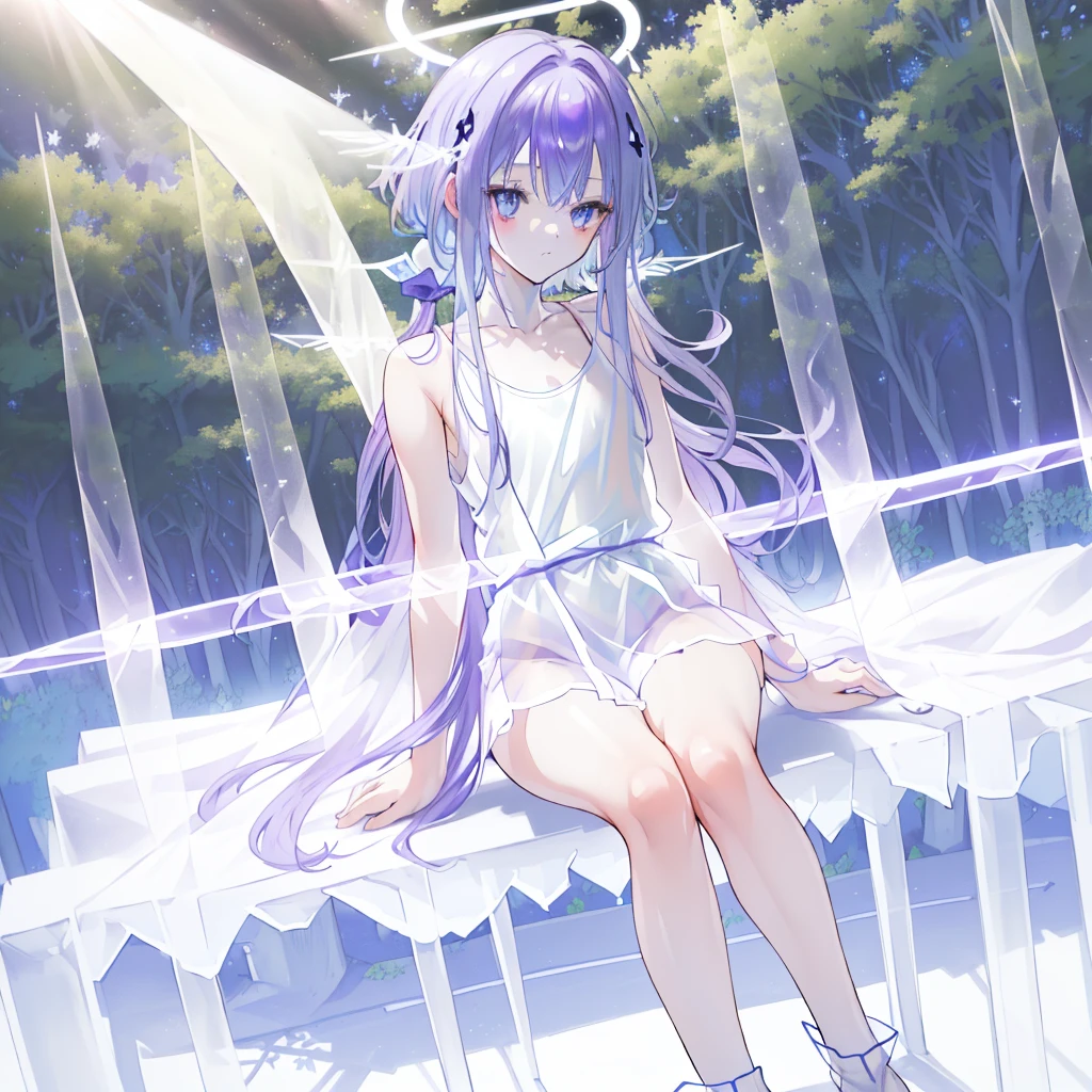 (((A medium view)) of an anime teen girl, (sitting down in a (forest), (((strong sunlight))), cinematic light, slim body, skin is perfectly white, soft, and smooth, ((legs stretched straight)), Extremely delicate and beautiful CG illustration, best quality, high resolution, dynamic angle, full-length lens, (1 girl), floating, soft light, high-key lighting), glowing light, purple halo, feathers fluttering background, blue crystal, (((wearing nothing but a white (pure) (transparent) tank top))), ((very cinematic))