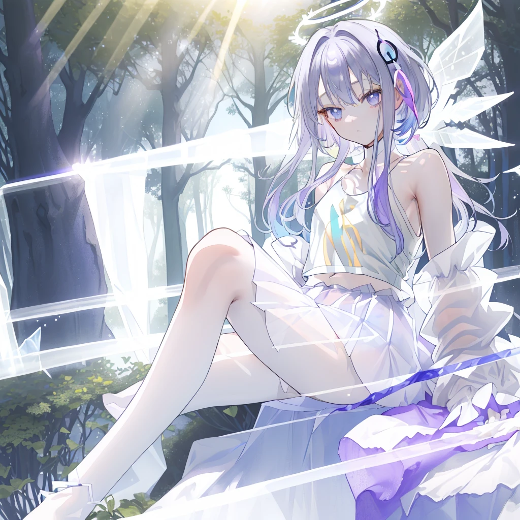 (((A medium view)) of an anime teen girl, (sitting down in a (forest), (((strong sunlight))), cinematic light, slim body, skin is perfectly white, soft, and smooth, ((legs stretched straight)), Extremely delicate and beautiful CG illustration, best quality, high resolution, dynamic angle, full-length lens, (1 girl), floating, soft light, high-key lighting), glowing light, purple halo, feathers fluttering background, blue crystal, (((wearing nothing but a white (pure) (transparent) tank top))), ((very cinematic))