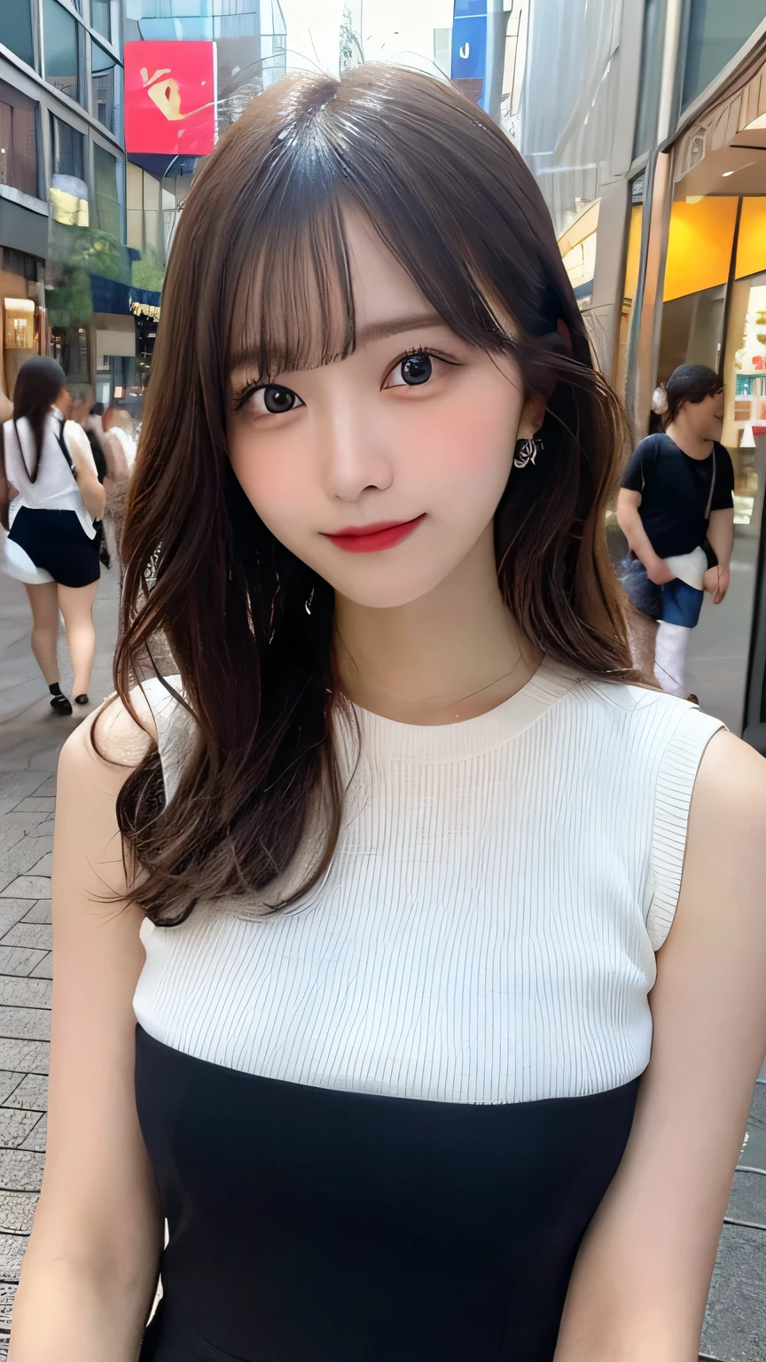 On the table, Highest quality, shape, Very detailed, Finer details, High resolution, 8k wallpaper, Perfect dynamic composition, Beautiful and delicate eyes, pain,Medium Hair, Big Breasts, Natural color lips, Casual and sexy pose,smile,Aoyama Pedestrian Street、Sleeveless dress、20-year-old girl、Slim shape