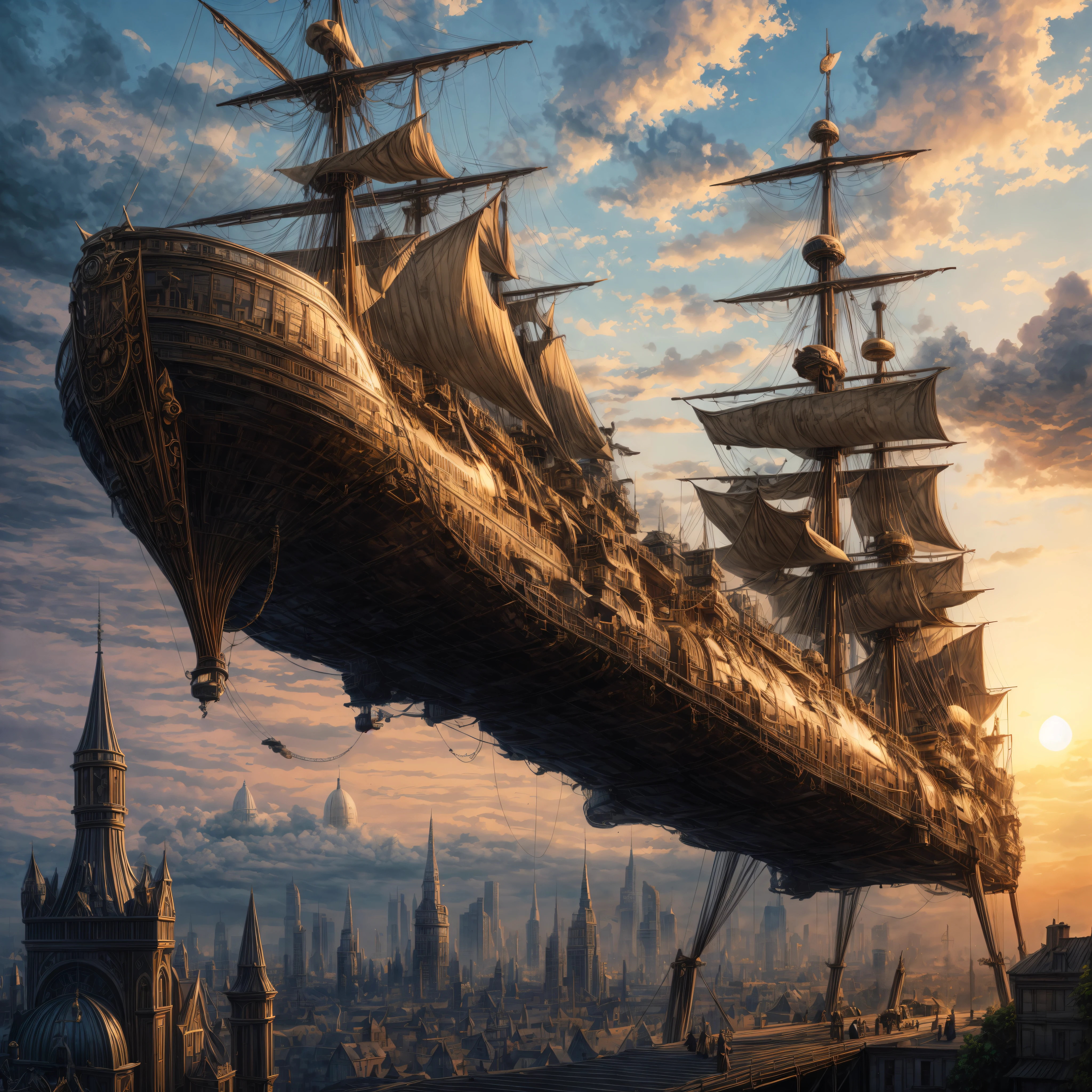 Ville Steampunk au loin, bronze et or, aquarel, Complicated details, magical, Abnormal giant breasts, beautiful but strange, steampunk airship, sunset