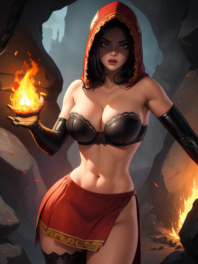 Dsorceress, shadowy face,dark cave, fire, hood, shadowed face, strapless bra, slim and athletic body, microskirt, no panty, elbow gloves, dark skin, 1 girl (insanely detailed, masterpiece, best quality)