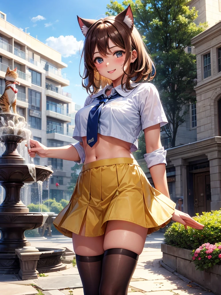 Highest quality,Highest Resolution,(((Frappuccinoーノを手に持った2people)))American school girl,Belly button,Abdominal muscles,Brown skin,Large park,In front of the fountain,Standing posture,mini skirt,Knee-high striped stockings,sunny,sweat profusely,smile,Very beautiful eyes,Frappuccino,Tie the length of your clothes,front,whole body,Cat ear,