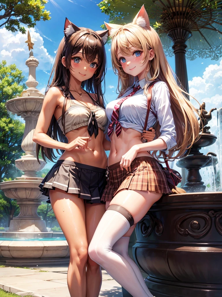 Highest quality,Highest Resolution,(((Frappuccinoーノを手に持った2people)))American school girl,Belly button,Abdominal muscles,Brown skin,Large park,In front of the fountain,Standing posture,mini skirt,Knee-high striped stockings,sunny,sweat profusely,smile,Very beautiful eyes,Frappuccino,Tie the length of your clothes,front,whole body,Cat ear,