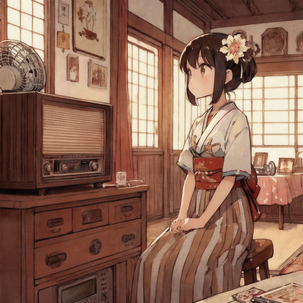 Anime girl listening to an old radio in her room, Fan,praise girl, Retro Anime Girls, praise art, praise artstyle, praise, praise portrait, praise girl aesthetic, praise feel, Vintage Girl, praise album art, praise colors, Retro Anime Images, praise technology, praise vibes, praise vibe
