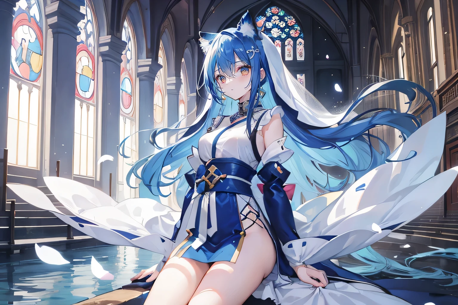 (masterpiece:1.2),Extremely detailed,Practical,expressive eyes,Fair skin,Perfect face shaping,1 Girl,
Japanese cartoons,Gorgeous blue hair, the long flowing blue hair,Floating clothes,Cat ears,Petals fall,beautiful lola,Young Angel,
Place your hands on your waist,sit elegantly on the ground,Cross your legs,Gentle and peaceful background,church,Nun&#39;s Clothes,back view,lie on the water,Large Breasts, H Cup, Good breasts, Place your hands on your waist,beautiful, Gorgeous,Japanese cartoons,girl,Lola,Hina Angel, Blue Hair, Blue Haired,Tent breasts, tent box, tent chest, Floating clothes,Grab your waist, Grab your waist, Hands on Hips , hands on hips,sit, sit on ground, Legs on the ground. 