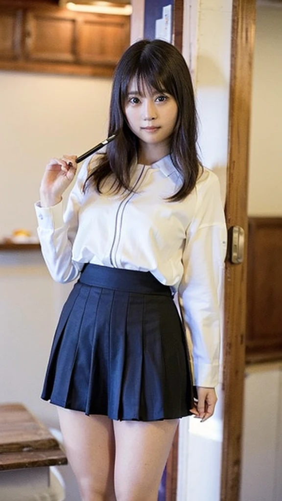 Photo-realistic quality、A woman in a white blouse is holding a golf club, Japanese girls uniform, Cute school girl, Realistic young gravure idol, Young and cute gravure idol, High school girl posing, Surreal , Young and skinny gravure idol,Girl wearing short-sleeved blouse, Japanese Model、Sheer white blouse