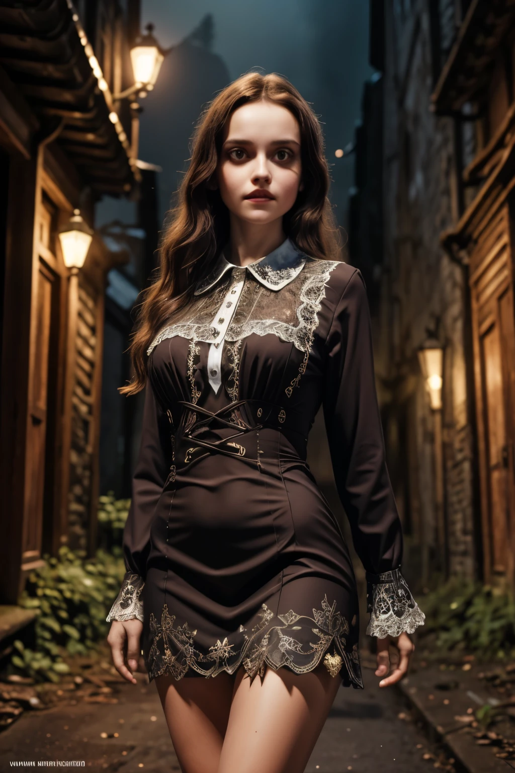 (Super detailed,ultra high resolution,detailed background)),ancient city,dark forest at night,spooky,Chill,Inspiration,1 girl,wearing a minidress、Wearing a white collared long-sleeved blouse、