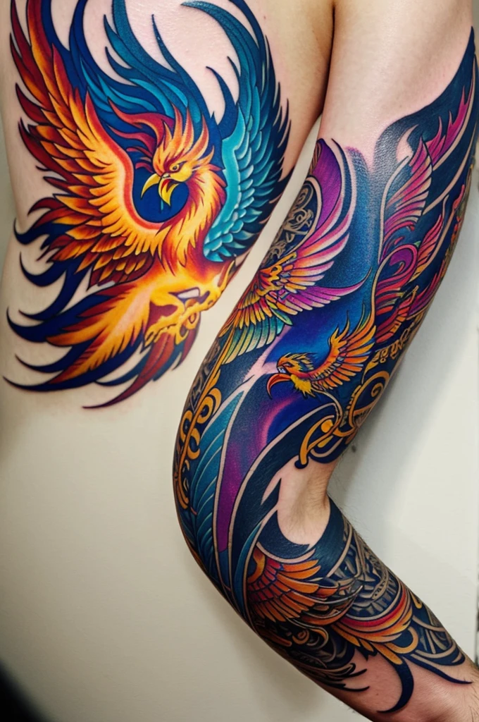 Tattoo to cover another tattoo on the forearm with a psychedelic phoenix