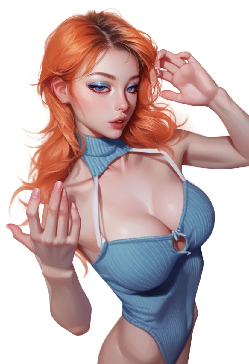 fuzzy, traditional art, Liu2, brush texture, check_9, check_8_up, check_7_up, 1 girl, orange hair, up to the shoulder blades, straight hair, long hair, Blue eyes, Plump lips, Long eyelashes, half-closed eyes, adult, beautiful make-up, big breasts, blue eyeshadow, Looking at the viewer, BREAK solo, standing, adult, skinny, high leg, arched back, hip gap, BREAK (White background:1.2), simple background, dynamic pose, dynamic angle, Corner shot, casual wear, Beautiful anatomy, perfect hands, High-quality fingers, good hands, high detail, detailed art