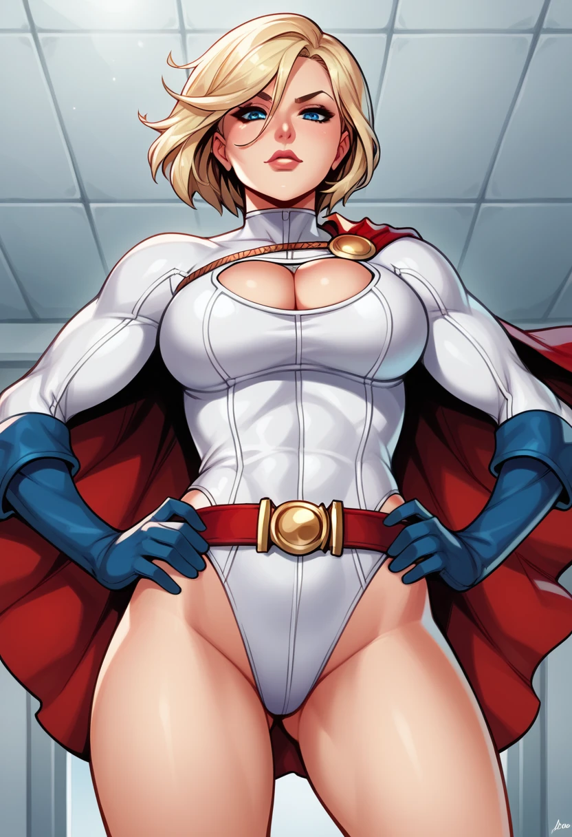 score_9,score_8_superior,score_7_superior BREAK powergirlSDXL,One girl,short hair,blue eyes,Blonde,Large Breasts,gloves,Cleavage,Thighs,belt,Cape,leotard,lips,Clothing cutouts,High leg,Cleavage cutout,High leg leotard,white leotard,red Cape,blue gloves,ssuperiorerhero,Cowboy Shot,room,room background,From below, Hands on hips,