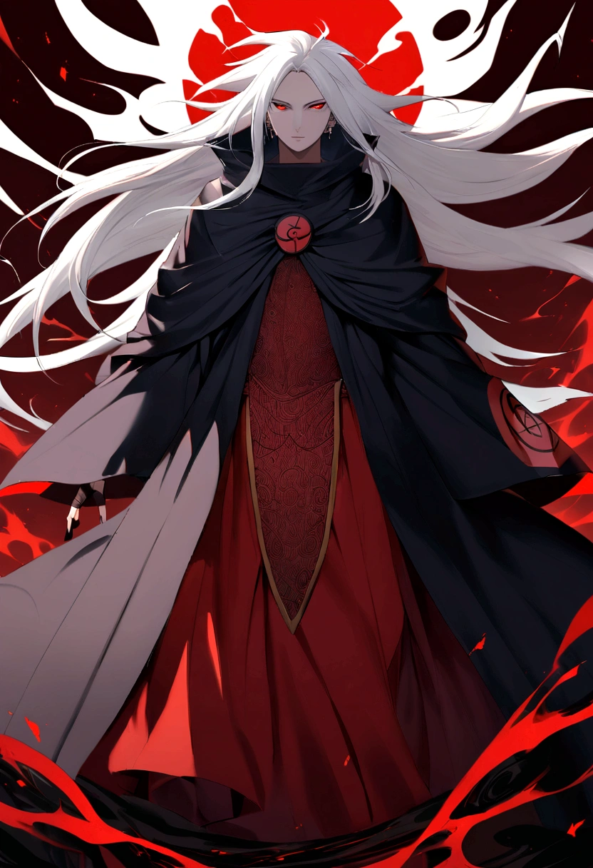 

"Madara Uchiha: A tall, imposing figure with long, flowing white hair and piercing red eyes. He wears a black cloak with a red interior, and his forehead bears the iconic Uchiha clan symbol. His eyes burn with an intense, almost otherworldly energy, a testament to his legendary pOwer