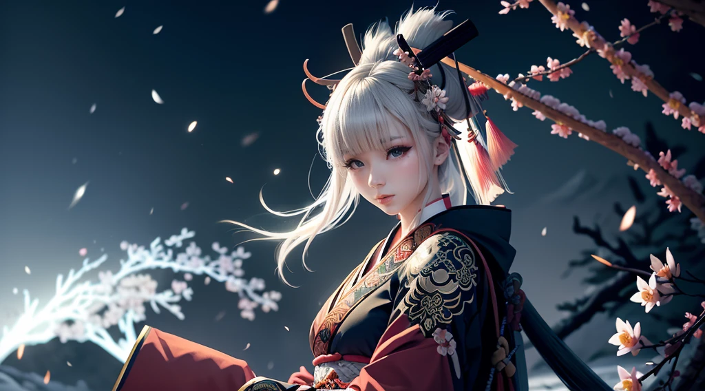 anime - style image of a short-white hair warrior woman, clothes only have white and black colour, samurai kimono, empty hand, white lotus, cry,, a character portrait, fantasy art, background is a winter japan mountain shrine, cyberpunk shrine maiden with fox ears and fox tails, dark white and bold red color, natural lighting, robot fox companions, fighting pose,​masterpiece, 1 beautiful girl, Detailed eye, Swollen eyes, top-quality, A high resolution, an Asian beauty, very extremely beautiful, Beautiful skins, A slender, Forward-facing body, (A hyper-realistic), (high resolution), (4K), (highly detailed),( Best Illustration), (beautifully detailed eyes), (ultra-detailed), Detailed face, Bright lighting, Professional Lighting, distance view,