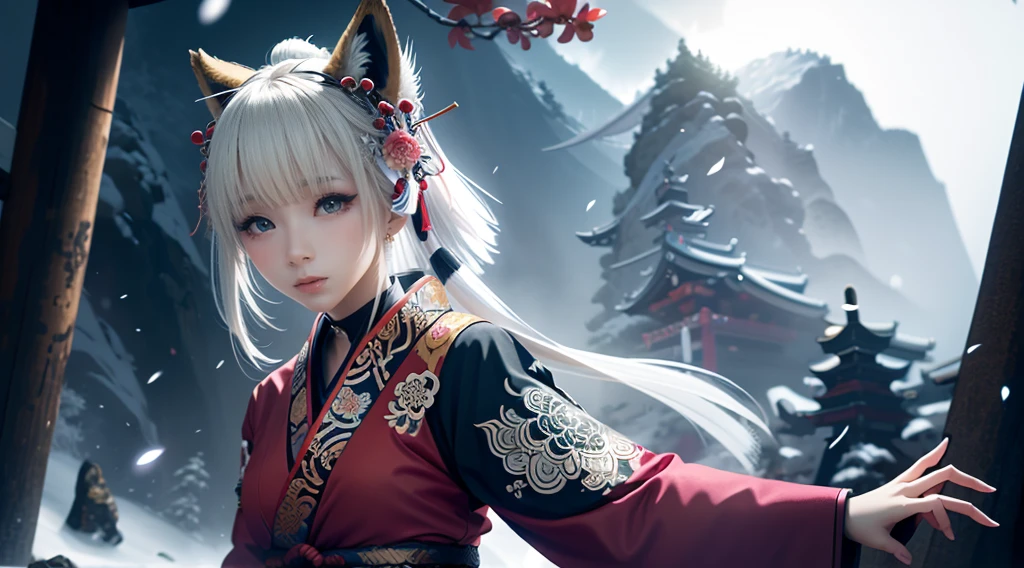 anime - style image of a short-white hair warrior woman, clothes only have white and black colour, samurai kimono, empty hand, white lotus, cry,, a character portrait, fantasy art, background is a winter japan mountain shrine, cyberpunk shrine maiden with fox ears and fox tails, dark white and bold red color, natural lighting, robot fox companions, fighting pose,​masterpiece, 1 beautiful girl, Detailed eye, Swollen eyes, top-quality, A high resolution, an Asian beauty, very extremely beautiful, Beautiful skins, A slender, Forward-facing body, (A hyper-realistic), (high resolution), (4K), (highly detailed),( Best Illustration), (beautifully detailed eyes), (ultra-detailed), Detailed face, Bright lighting, Professional Lighting, distance view,