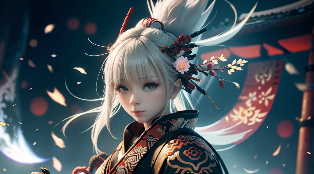 anime - style image of a short-white hair warrior woman, clothes only have white and black colour, samurai kimono, empty hand, white lotus, cry,, a character portrait, fantasy art, background is a winter japan mountain shrine, cyberpunk shrine maiden with fox ears and fox tails, dark white and bold red color, natural lighting, robot fox companions, fighting pose,​masterpiece, 1 beautiful girl, Detailed eye, Swollen eyes, top-quality, A high resolution, an Asian beauty, very extremely beautiful, Beautiful skins, A slender, Forward-facing body, (A hyper-realistic), (high resolution), (4K), (highly detailed),( Best Illustration), (beautifully detailed eyes), (ultra-detailed), Detailed face, Bright lighting, Professional Lighting, distance view,