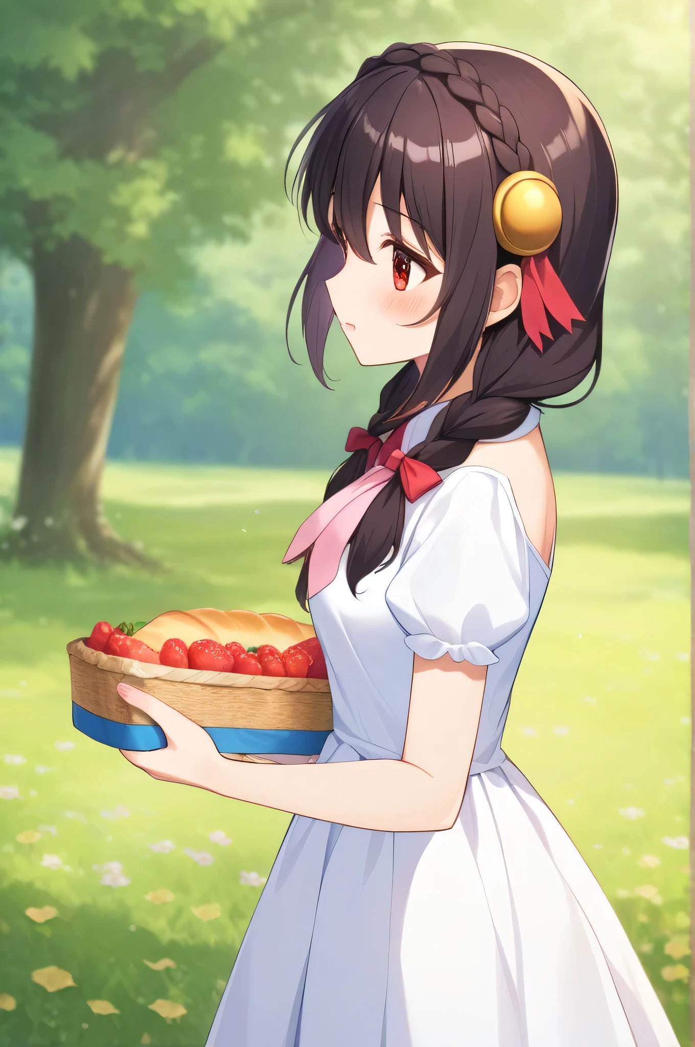 alone, One girl、Crown braids in the same color as your hair, hair ornaments, Hair Ribbon, Pink tie, (White dress), picnic、Red Eyes、Black Hair、Pleasant face、(blush:1.2)、Standing、Side view、The hem of the dress flutters in the wind