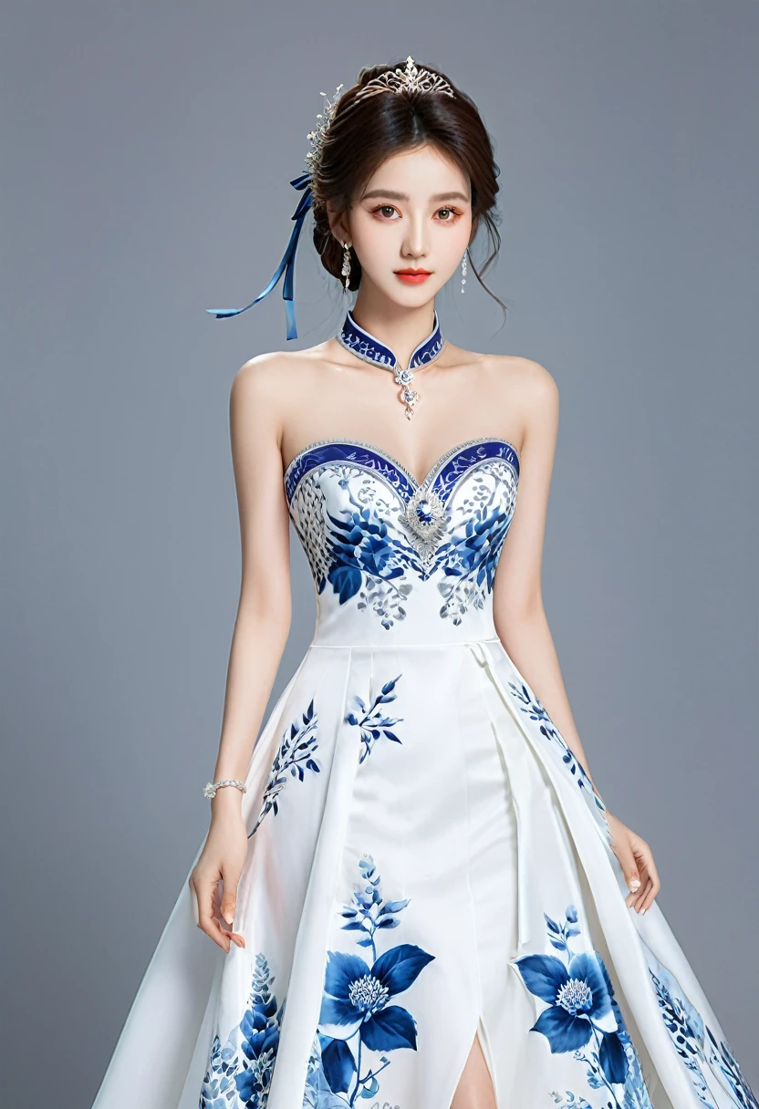 Realistic photo style, whole body 사진에 아름다운 아시아 소녀가 등장합니다., Wearing a unique ethnic style evening gown with delicate skin., bright and lively eyes, Thick eyelashes that look especially attractive. Long dresses are slim and elegant., Eye-catching silver jewelry and alcohol. The high-collar design adds an elegant atmosphere., Color of blue and white porcelain. using light and shadow, The vivid and harmonious appearance of the protagonist is highlighted... whole body, (masterpiece, best quality, professional, perfect composition, very aesthetic, absurd, very detailed, intricate details:1.3)