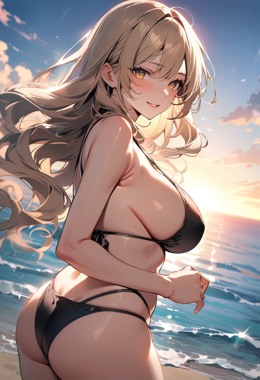 1 lady, 20 years old, blonde hair, long hair, wavy hair, light brown eyes, huge breasts,
BREAK (masterpiece), (high resolution 8K), cinematic lighting, professional lighting, detailed eyes and face, detailed body, 
BREAK　A beautiful  woman stands at the end of a wooden jetty, her gaze pensive as she looks out over the calm, azure sea. She’s wearing a sleek, navy blue bikini that contrasts elegantly with the light wood and the clear blue water. Her hands are lightly clasped in front of her, and her posture is relaxed yet composed. The camera captures her from a medium distance, allowing the length of the jetty and the vast ocean to frame her thoughtfully, emphasizing a moment of solitude and reflection