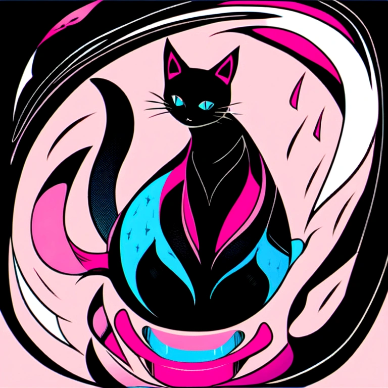 Cats in art, Main color Black, Secondary color cyan, Pastel pink background, Artistic, Sophisticated, Warm style, Also includes abstract cat shapes., Playful form, Elegant piece, Textures include fur textures, Smooth painting, Fabric texture, beautiful線が描かれる, Natural Curves, Delicate silhouette, elegant shape, Approachable, Expressive, beautiful.