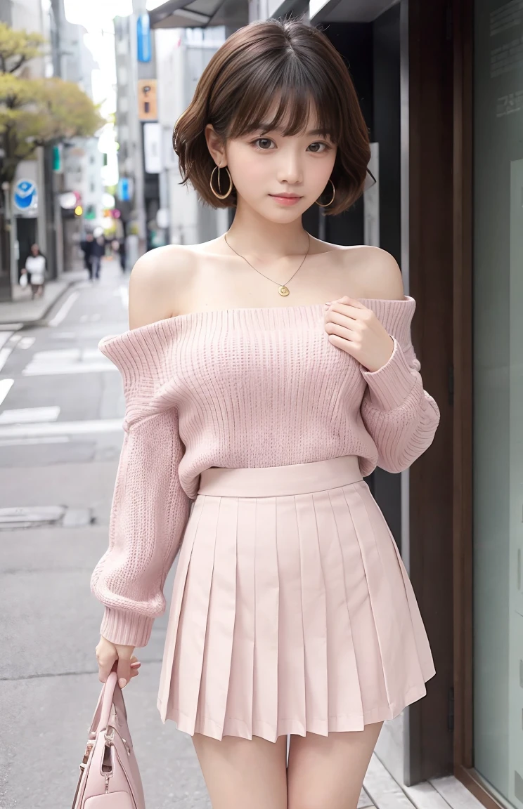 Very detailed CG Unity 8k 壁紙, Highest quality, Very detailed, masterpiece, Realistic, photo Realistic, Photograph the whole body from a distance、Very detailedかわいい女の子, 20-year-old, (((Do-it-yourself skirt lift))), (Lift it yourself), Small pink string panties , Panty Focus, blush, Part your lips, Looking at the audience , Pastel color shoulder sweater、Pastel color pleated skirt、Japan、city、Wavy Short Hair ,Thin legs、High heels、necklace、Earrings