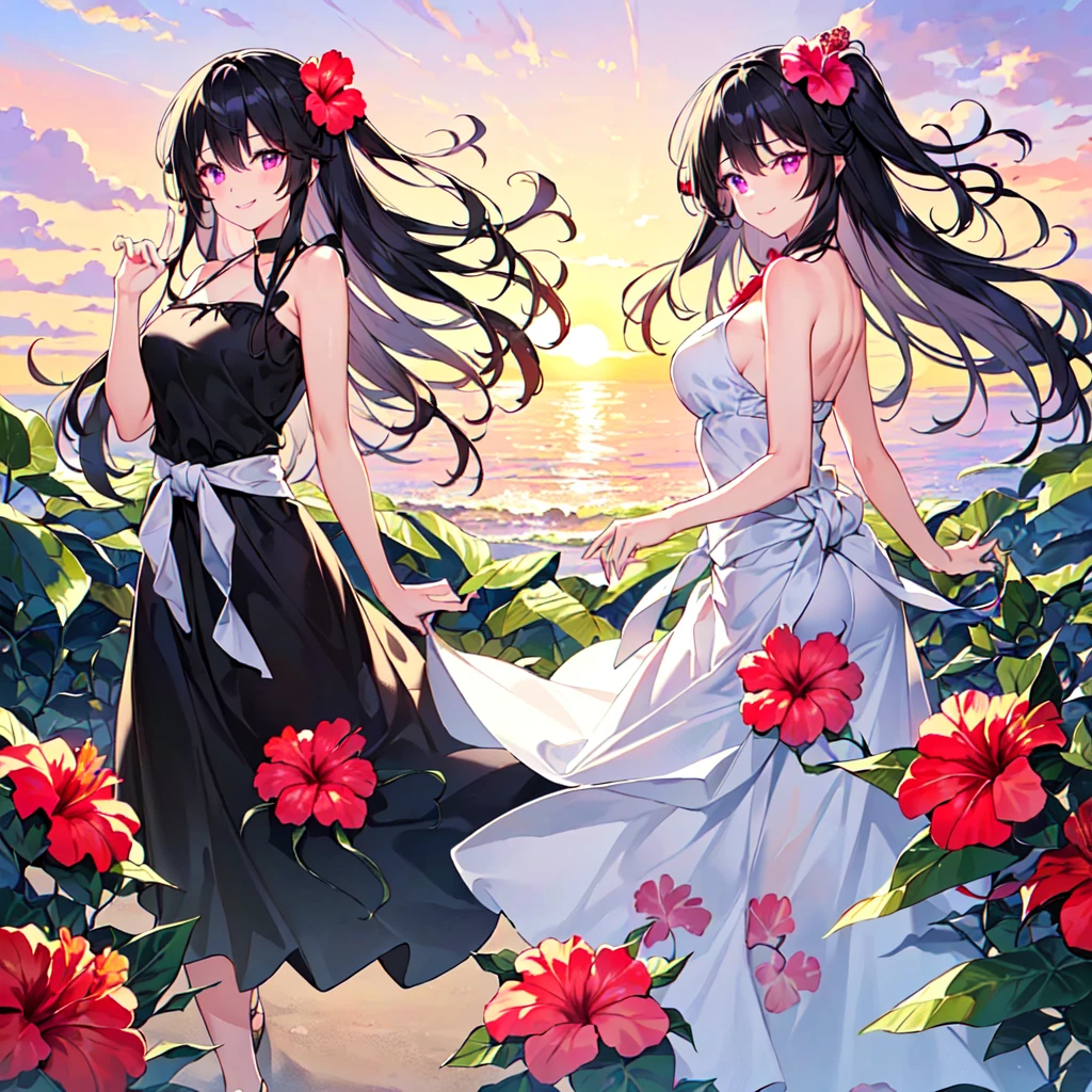 masterpiece, best quality, high quality, extremely detailed, very delicate and beautiful, (1 female 18 years old solo:1.5), (long black hair up to waist with two side up:1.5), bangs to eyebrows, eyes (eyes sharp and strong with glossy glossy eyes, eyebrows glossy, (eye color magenta:1.3), 6.5 head height, (long dress with hibiscus print:1.3), (standing), (smiling), (dynamic pose), (background tropical and hibiscus:1.3), (sunset:1.3)