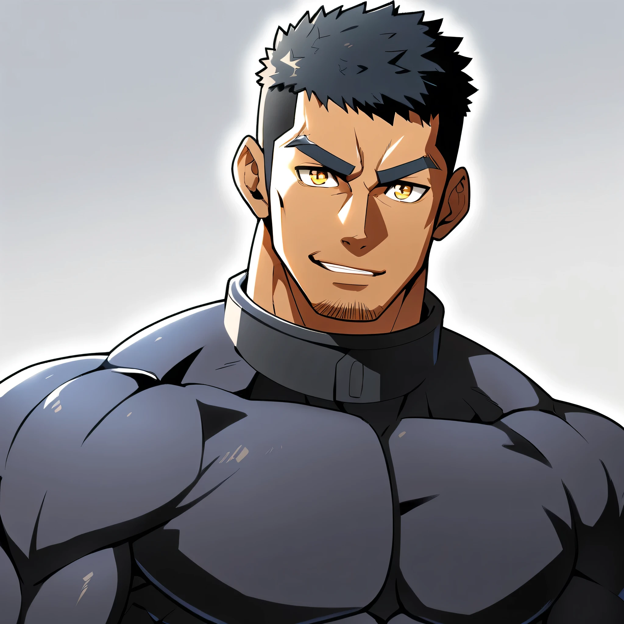 anime characters：Gyee, Muscle Sports Student, negro black skin, 1 dark skin muscular tough guy, Manliness, male focus, Dark grey high collar long sleeve wetsuit, Matte texture, Very tight, Round, full and perky chest muscles, Slightly transparent, muscular male, muscular, only, Upper body, alone, Black short hair, Thick eyebrows, stubble, Yellow eyes, Grey background, simple background, amazing quality, best aesthetics, Ridiculous, bright pupils, crew cut, parted lips, seductive smile, torogao, naughty face,  best quality