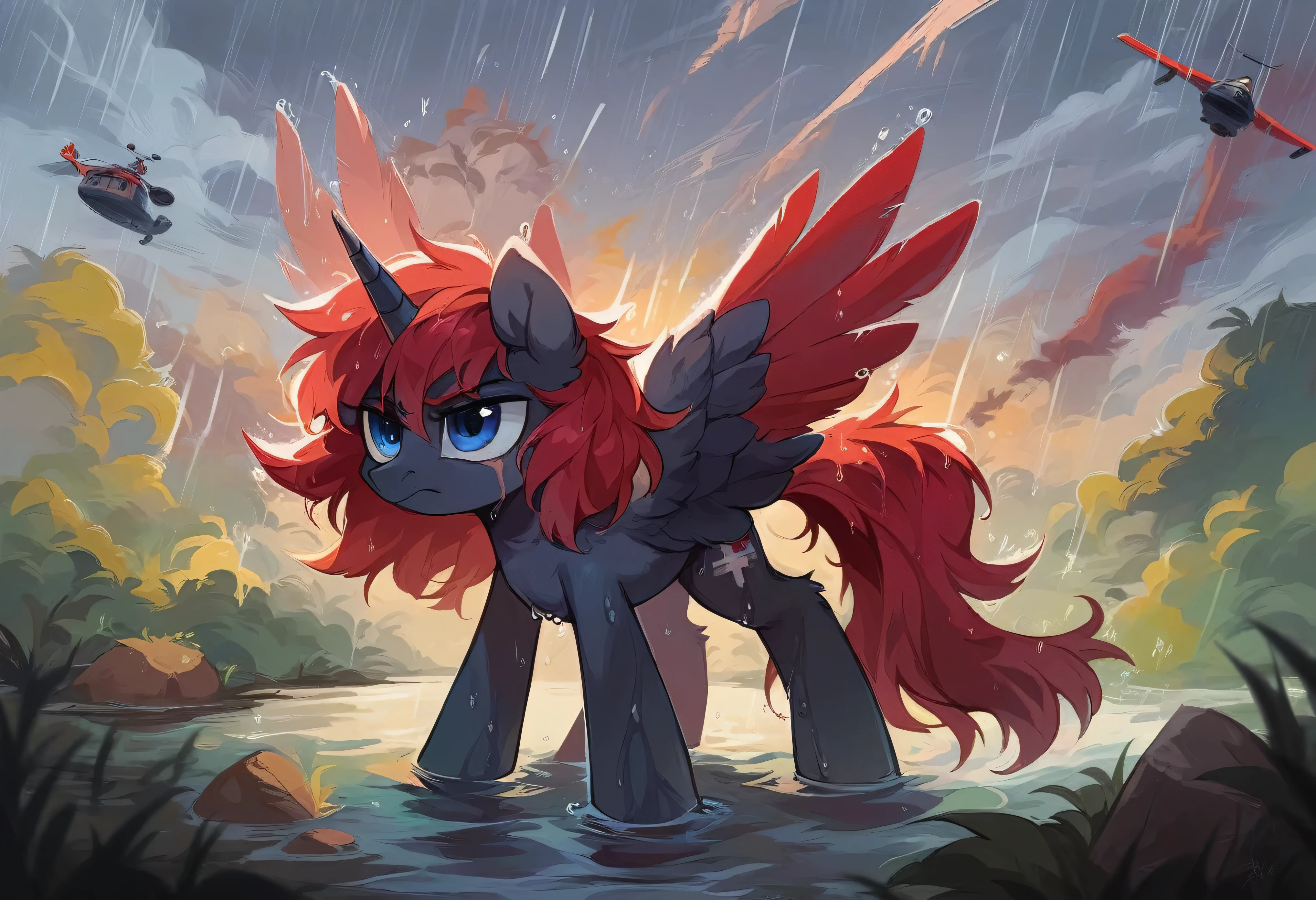 Male alicorn pony, black fur, long red hair, deep blue eyes, red feathers on wings, scar over left eye, red striping, vietnam-era helicopter pilot uniform, boonie hat, in a swamp, explosion in background, raining, wet hair, thousand-yard stare, close-up portrait