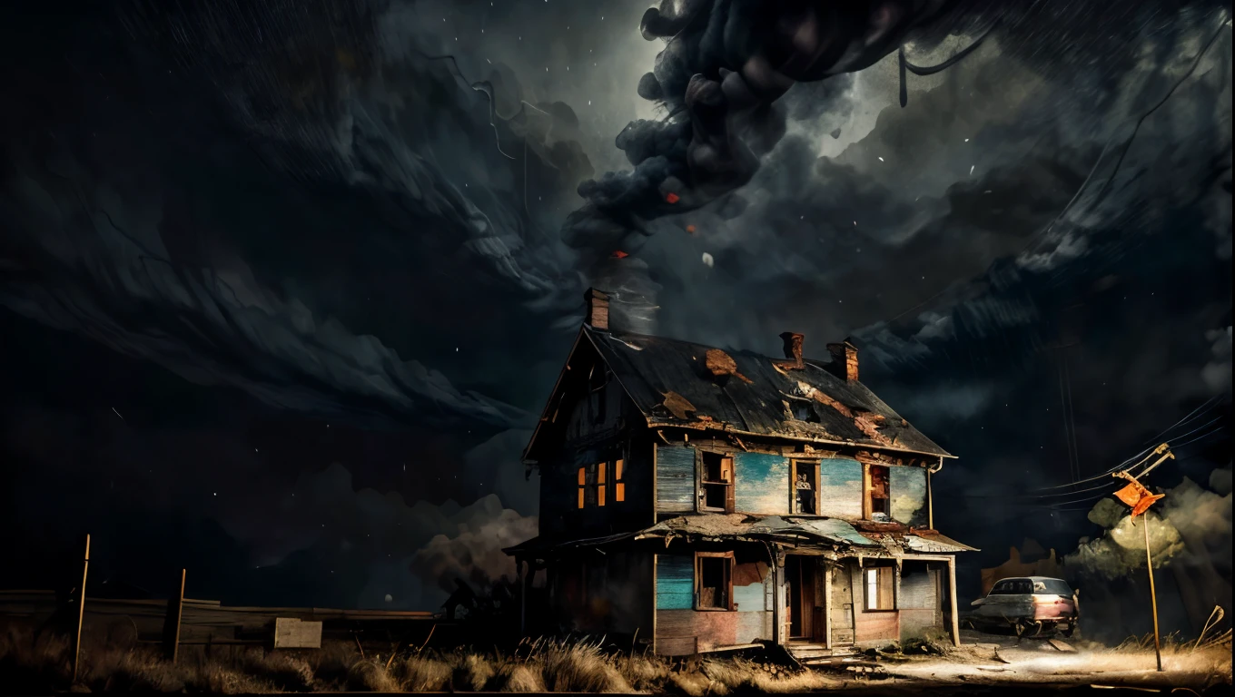 a dilapidated abandoned house at night, rain pouring down, wet roads, dark cloudy sky, smoke and dirt, atmospheric lighting, cinematic mood, dramatic shadows, gritty realism, award winning composition, hyper detailed, intricate details, photographic quality, professional photography, masterpiece