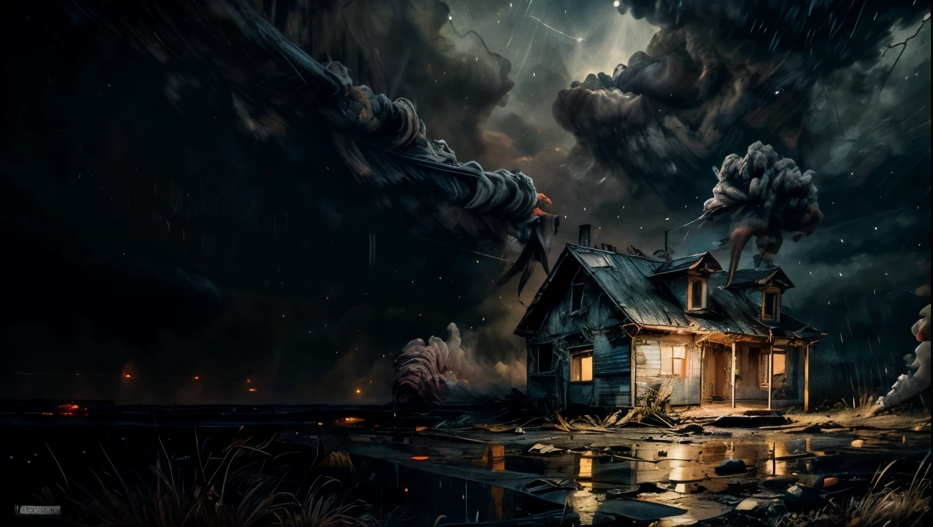 a dilapidated abandoned house at night, rain pouring down, wet roads, dark cloudy sky, smoke and dirt, atmospheric lighting, cinematic mood, dramatic shadows, gritty realism, award winning composition, hyper detailed, intricate details, photographic quality, professional photography, masterpiece