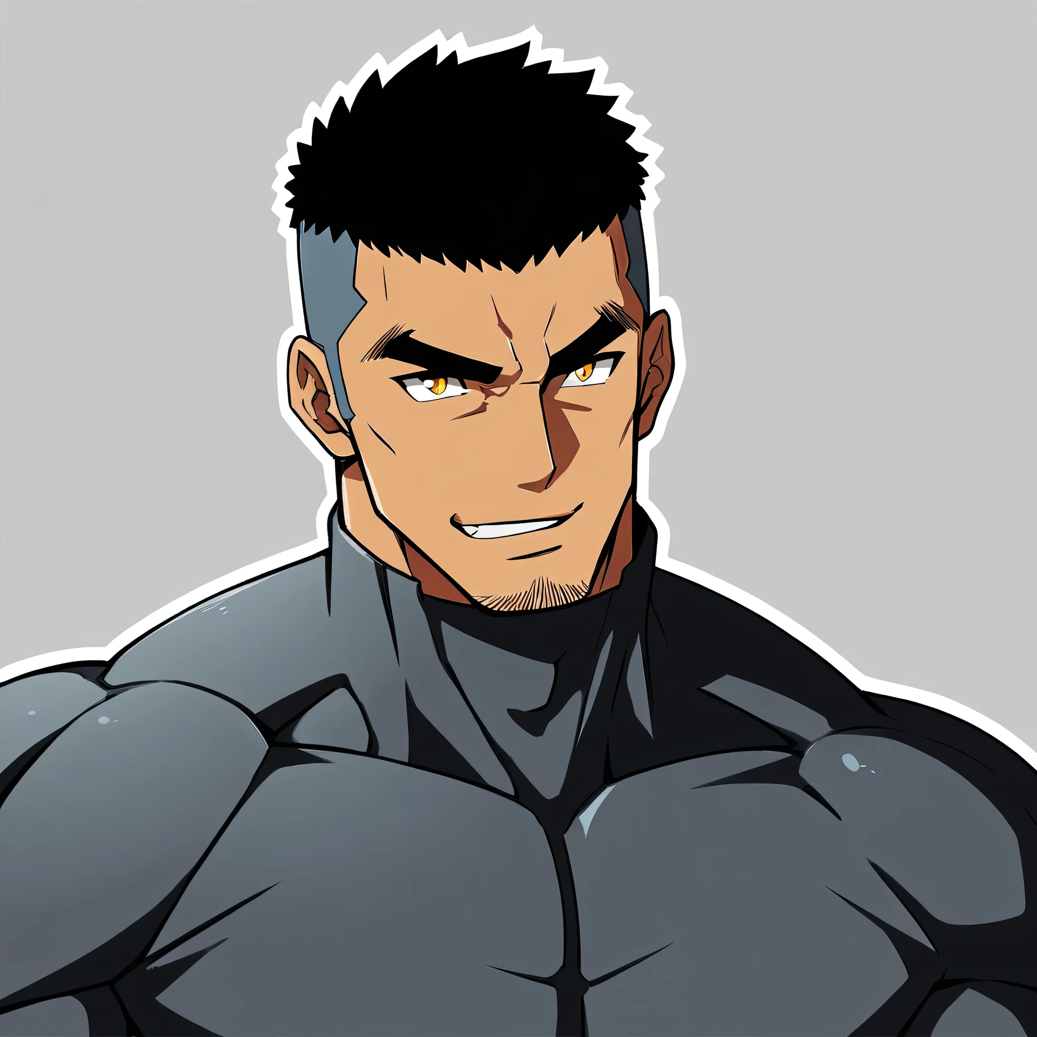 anime characters：Gyee, Muscle Sports Student, ????? black skin, 1 dark skin muscular tough guy, Manliness, male focus, Dark grey high collar long sleeve wetsuit, Matte texture, Very tight, Round, full and perky chest muscles, Slightly transparent, muscular male, muscular, only, Upper body, alone, Black short hair, Thick eyebrows, stubble, Yellow eyes, Grey background, simple background, amazing quality, best aesthetics, Ridiculous, bright pupils, crew cut, parted lips, seductive smile, torogao, naughty face,  best quality