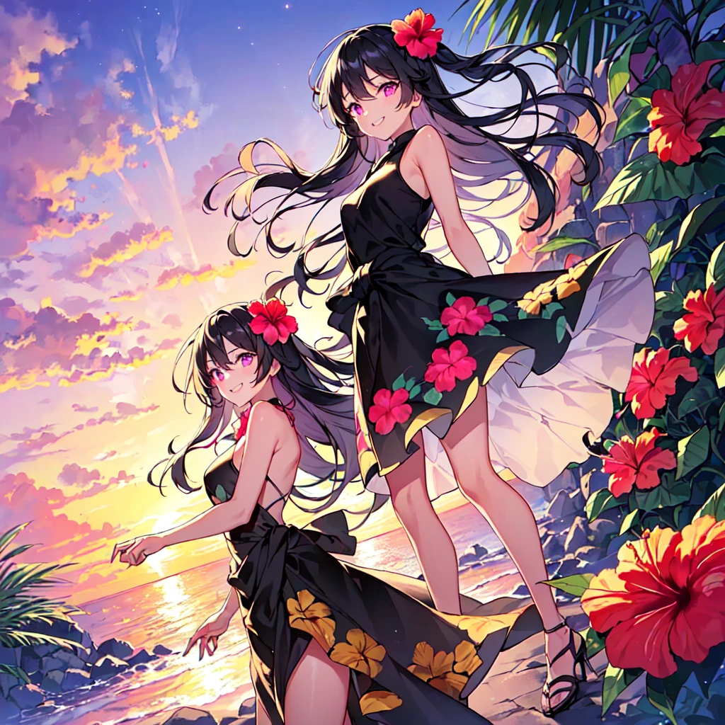 masterpiece, best quality, high quality, extremely detailed, very delicate and beautiful, (1 female 18 years old solo:1.5), (long black hair up to waist with two side up:1.5), bangs to eyebrows, eyes (eyes sharp and strong with glossy glossy eyes, eyebrows glossy, (eye color magenta:1.3), 6.5 head height, (long dress with hibiscus print:1.3), (standing), (smiling), (dynamic pose), (background tropical and hibiscus:1.3), (sunset:1.3)