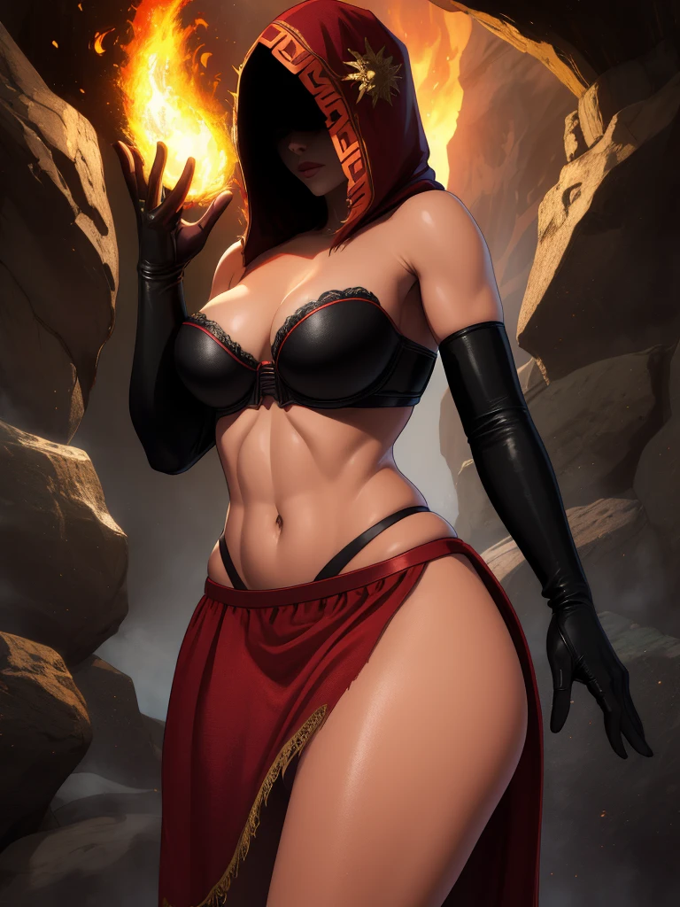 Dsorceress, shadowy face,dark cave, fire, hood, shadowed face, strapless bra, slim and athletic body, microskirt, no panty, elbow gloves, dark skin, 1 girl (insanely detailed, masterpiece, best quality)