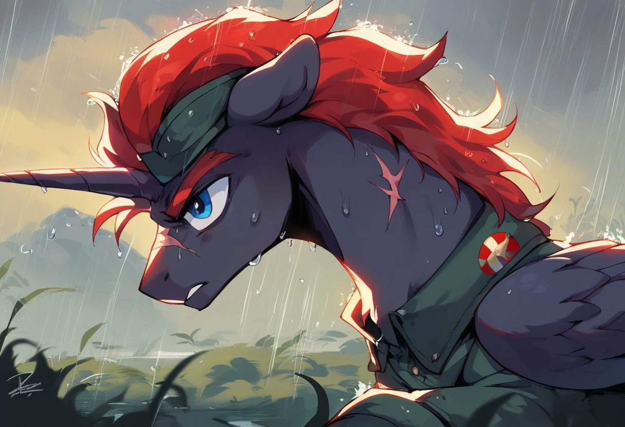 Male alicorn pony, black fur, long red hair, deep blue eyes, red feathers on wings, scar over left eye, red striping, vietnam-era helicopter pilot uniform, boonie hat, in a swamp, explosion in background, raining, wet hair, thousand-yard stare, close-up portrait 