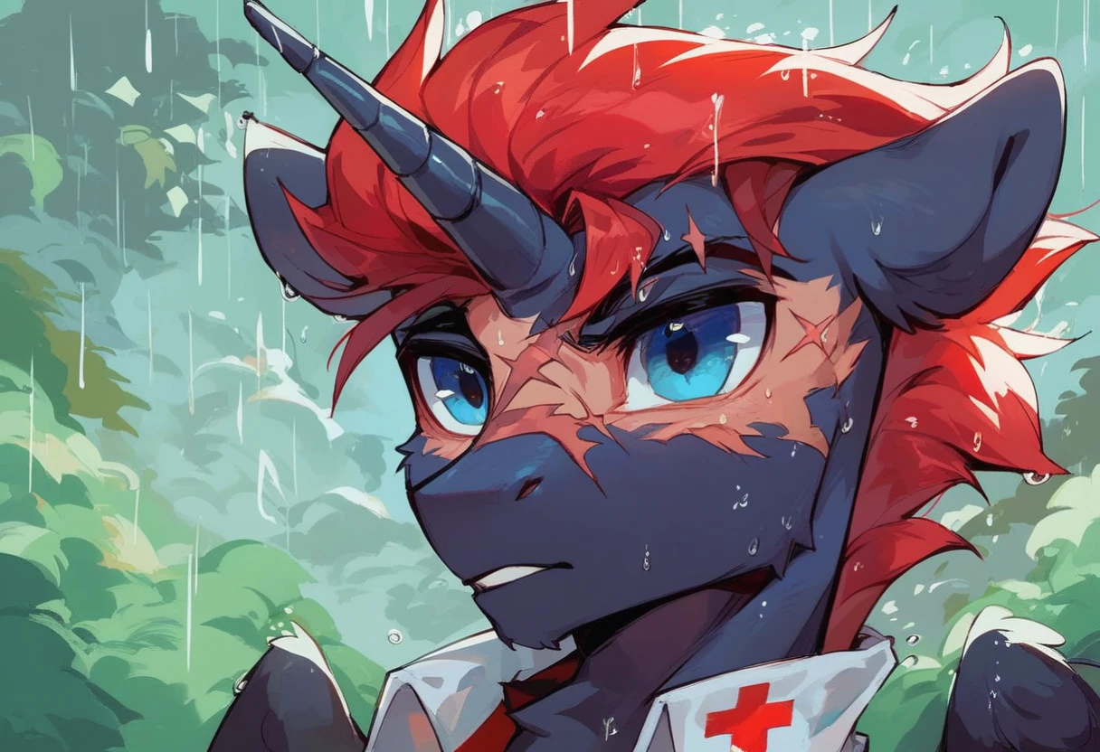 Male alicorn pony, black fur, long red hair, deep blue eyes, red feathers on wings, scar over left eye, red striping, vietnam-era helicopter pilot uniform, boonie hat, in a swamp, explosion in background, raining, wet hair, thousand-yard stare, close-up portrait 