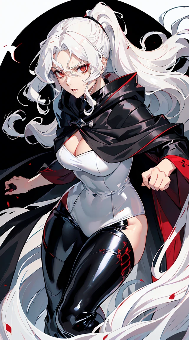 handsome older WOMAN,crimson-eyes,crimson pupils,Long white hair,Hyperresolution,accuracy,Detailed rendering,(Subtle facial image)(Image of fine hair)(topquality)(Masterpieces of masters)(High degree of completeness)(A sense of atmosphere)tmasterpiece,Super detailed and super detailed(half-body portrait), long wavy white hair, (((tHICK WAVY HAIR)))(((ANKLE LENGTH HAIR))) (((Sakimichan))) (((white hair))) (((Latex black fight outfit))) (((Hair in ponytail))) (((fierce expression))) (((skinny))) (((Latex black fight suit)))(((Black cloak)))